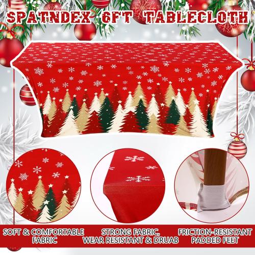 Oudain 2 Pcs Christmas Stretch Table Cover 6 Feet Red Green and Gold Xmas Spandex Table Clothes Christmas Trees Snowflake Party Decorations for Holiday Party Celebration Picnic Dinner Decor