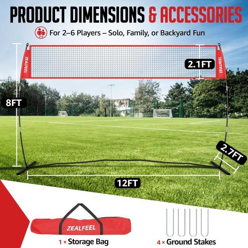 ZEALFEEL 12FT Volleyball Net with 3 Adjustable Heights (8'/7.4'/6.6') | Freestanding Portable Training Set for Backyard, Serving & Spiking Drills, with Carry Bag for Outdoor & Indoor