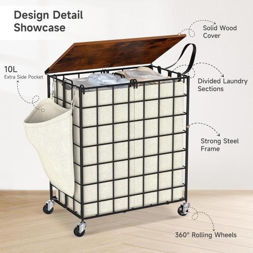 Laundry Basket with Wheels, Heavy Duty Laundry Sorter 2 Sections, 120L (32Gal.) Large Capacity Laundry Hamper with Wood Lid, 360 Rolling Wheels, Extra Side Pocket, Leather Pull Handle, Beige