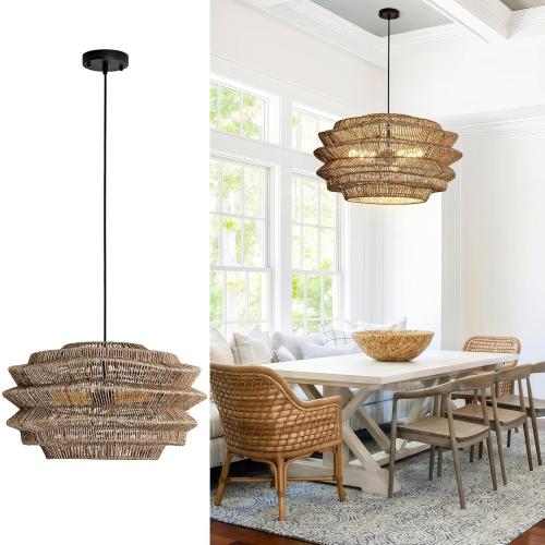 19.7 Rattan Pendant Light,Hand-Woven Rustic Wicker Hanging Light Seagrass Ceiling Chandelier,Water Plants Rattan Chandelier for Dining Living Bedroom Kitchen Farmhouse