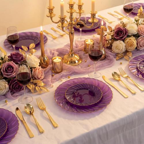 YOUBET 125PCS Purple Plastic Dinnerware Set - Gold and Clear Purple Disposable Plates Include 50 Plastic Plates 75 Silverwares for Wedding Birthday Parties & Party