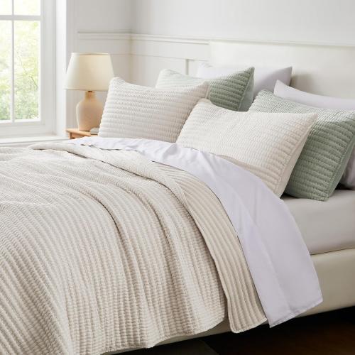 WDCOZY Beige Pick Stitch King Size Quilt Set, Striped Lightweight Soft Summer Spring Bedspread, Bamboo Linen Like Textured Coverlet, Chambray Farmhouse Country Rustic Bedding, Netural Thin Comforter