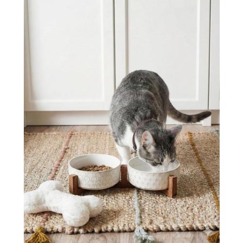 LE TAUCI Dog Bowl Set with Acacia Wood Stand - 1.8-Cup Ceramic Puppy Bowls for Small Dogs, Dual Food and Water Bowls with Weighted Non-Slip Base