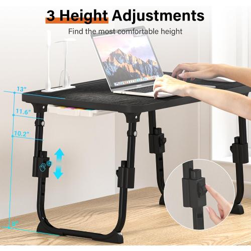 Laptop Desk for Bed Height Adjustable, Lap Bed Table with USB/Storage Drawer/Cup Holder/Tablet Stand/Book Shelf, Foldable Breakfast Tray Portable for Reading Writing, Sofa & Floor, Black