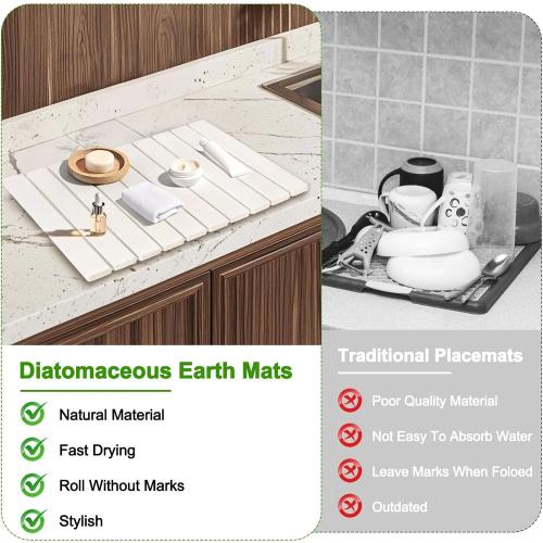 Stone Dish Drying Mat for Kitchen Counter – 24 x 16 Foldable Diatomaceous Earth Mat, Quick Dry & Ultra Absorbent, Non-Slip Drying Pad for Dishes, Bottles, Cups – White Minimalist Design