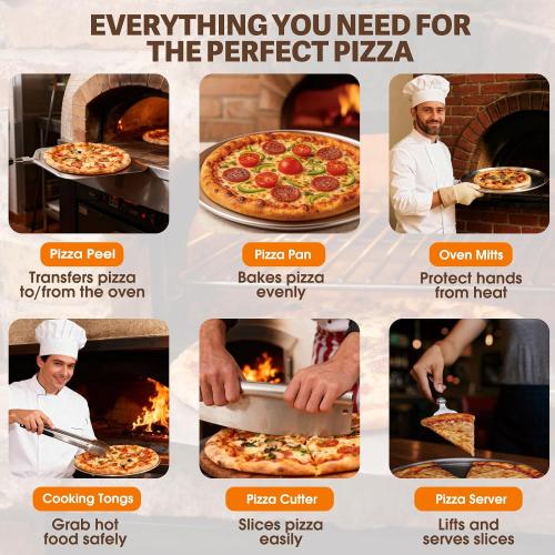 Bonteck Pizza Peel Aluminum Metal Pizza Spatula Kit | 12x14 Inch Foldable Handle Paddle | 6Pcs Pizza Oven Accessories with Rocker Cutter, Pizza Pan, Pizza Server, Oven Mitts, for Family Oven Baking