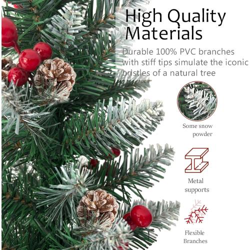 6ft Pencil Christmas Tree, Artificial White Spraying Snow Flocked tree- Partially Flocked & Frosted Slim Holiday Tree Decoration, Skinny Xmas Tree, 316 Frosted Tips, 30 Pine Cones 30 Red Berries