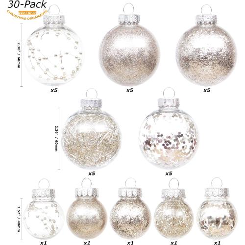 Sea Team 60mm/2.36 Shatterproof Clear Plastic Christmas Ball Ornaments, Transparent, See-Through, Crystal Baubles, Bulbs with Stuffed Delicate Decorations for Xmas Tree (30 Counts, Champagne)
