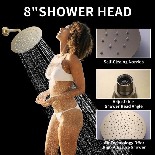 12Inch Brushed Gold Ceiling Shower System & 8Inch Wall-Mount Shower Faucet Set, 2 in 1 Handheld with Adjustable Slide Bar Included Temperature Display Valve and Trim Kit Can Work At Once