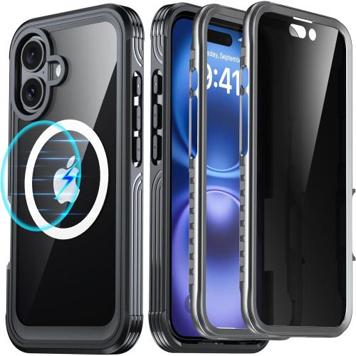 for iPhone 16 Case, Double Front Frame Built-in 9H Tempered Glass Screen Protector   Privacy Screen Protector, Compatible with MagSafe, Magnetic Phone Case for iPhone 16 Black
