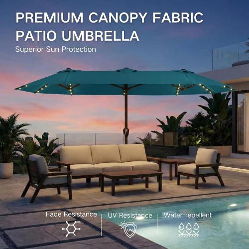 Kingdura 15ft Large Patio Umbrella with Solar Lights, Double-Sided Rectangle Outdoor Table Umbrella with Base Included, 12 Reinforced Ribs, 48 Led Lights, Crank Lift for Market Pool Deck, Lake blue