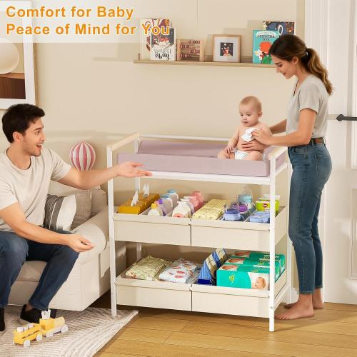 Cidaziya Baby Changing Table with Safety Bumper, Sturdy Diaper Change Station with Adjustable Devider in Large Storage Bin, Nursery Dresser for for Cloth Change, Baby Furniture Diaper Organizer,White