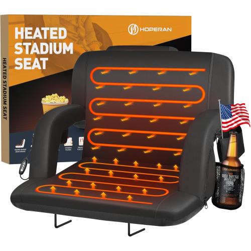 HOPERAN Heated Stadium Seats for Bleachers with Back Support and Wide Cushion, Extra Portable Bleacher Seat Foldable Stadium Chair, USB 3 Levels of Heat, 5 Pockets for Outdoor Camping Games Sports