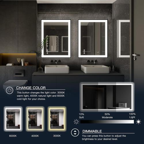 Size 40 x 36 ISKM Framed LED Mirror for Bathroom 40x36, Dimmable LED Bathroom Mirror with Lights, Anti-Fog, Front and Backlit Lighted Mirror 3-Colors, Shatterproof, Memory Function
