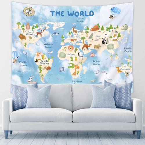Riyidecor Kids Map Tapestry 59Wx51H Inch Blue World Cartoon Animal Cute Educational Geography Learning Tools Continents Wildlife Wall Hanging for Boys Girls Home Dorm Decor Art Living Room Bedroom