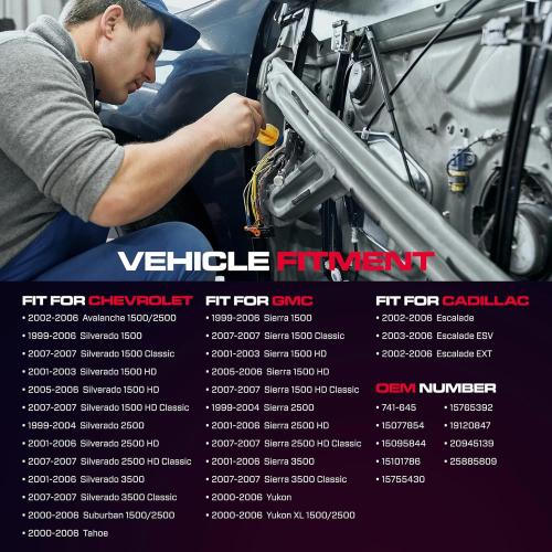 Front Passenger Side Power Window Regulator with Motor (2 Pins) Fit for 2001-2006 Chevrolet Silverado 1500 3500, Avalanche Suburban GMC Sierra 1500 2500 3500 Yukon XL Cadillac Escalade, 741-645