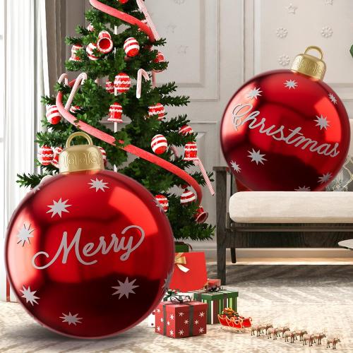 2 Pcs Christmas Inflatable Balls, 24 Inch Outdoor Decorative PVC Ball, Xmas Blow Up Jumbo Ball for Indoor, Giant Ornaments Outside Holiday Yard Lawn Decor (Merry Christmas)