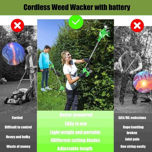 Electric Weed Wacker Cordless, with 2 X 21V 2.0Ah Battery Powered, 3 in 1 Stringless Grass Trimmer/Mini Mower/Brush Cutter Cordless， 4 Types of Cutting Blades, Brush Cutter for Lawn Yard Garden
