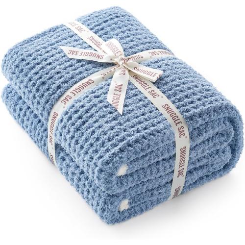 Snuggle Sac Blue Waffle Throw Blanket for Couch Bed Sofa 60x80 inches, Reversible Blue Blanket Microfiber Fluffy Fuzzy Cozy Knit Twin Blanket for Women Mothers Birthday Gifts