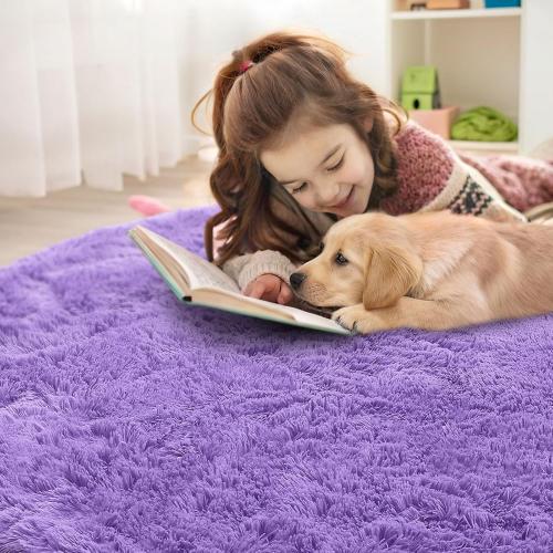 Purple Round Rugs for Bedroom - Machine Washable, Medium Circle Area Rugs for Living Room, Soft and Fluffy Shaggy Carpet for Teen Girls and Boys, Nursery Rooms, Dorms, Home Decor Aesthetic