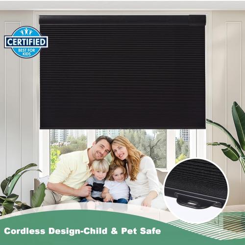 Size 35 1/2 W x 64 H Color Black No Drill Cellular Shades for Indoor Windows, Thermal Insulating & Noise Reducing Honeycomb Blinds, Free Stop Cordless Blackout Shades, Black,
