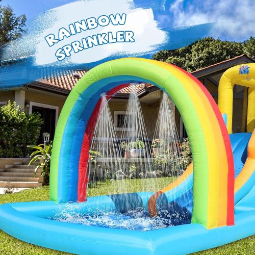 157x79x71 Action Air Inflatable Water Slide, Bounce House with Slide for Wet and Dry, Kids Backyard Waterpark for Summer Fun, Rainbow Splash Pool for Age 3-8, Love for Kids