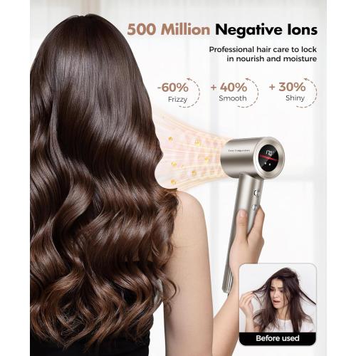 Cosy Companions Hair Dryer, 150000 RPM High-Speed Hairdryer for Fast Drying, Low Noise, HD Display, 5 Temps & 2 Speeds, 500 Million Negative Ionic Blow Dryer, Gold