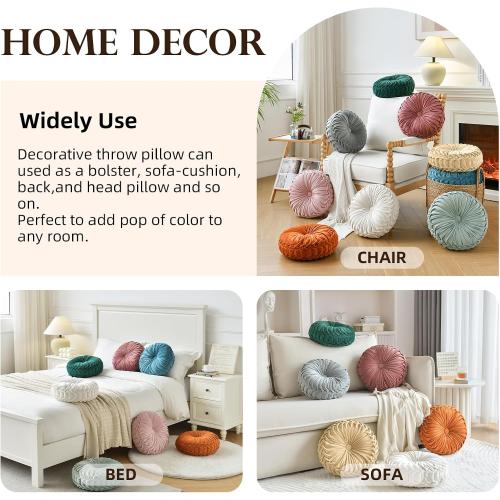 Round Throw Pillow Velvet Home Decoration Pleated Round Pillow Cushion for Couch Chair Bed Car Light Blue