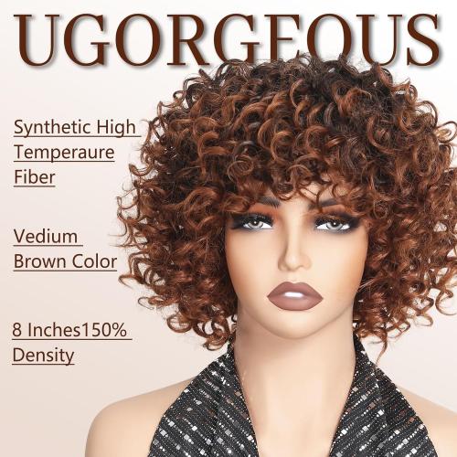 Ombre Brown Synthetic Curly Wigs For Black Women Short Curly afro Wig With Bangs Synthetic Hair Heat Resistant African American Wigs