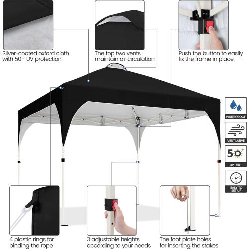 Yaheetech Pop Up Canopy Tent with Vent, Easy Set Up Tent, Instant Sun Shelter Canopy with Wheeled Bag, 4 Sandbags, 12 Stakes & 4 Ropes, for Parties, Beach, Outdoor, Black