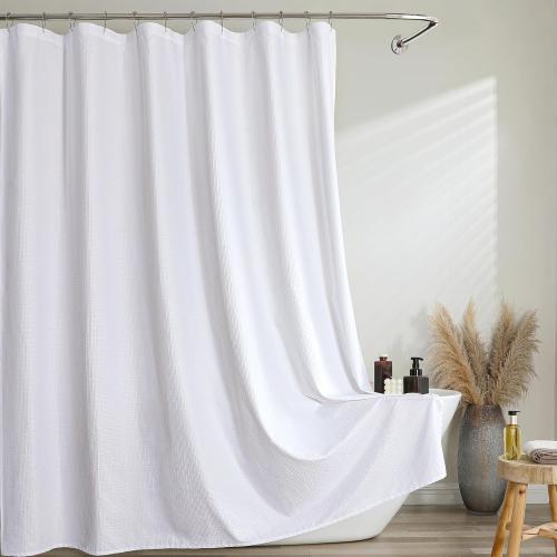 Extra Long White Shower Curtain 96 Inch Long 1 Piece, Waffle Embossed Textured Fabric Shower Curtains for Bathroom Large Hotel, Water Resistant, Machine Washable, 72Wx96L Inches