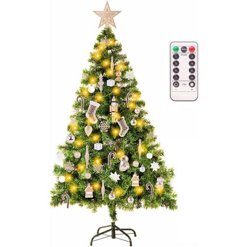4ft Artificial Christmas Tree with Lights and Ornaments, Small Prelit Xmas Tree with Hanging Balls (8 Modes) for Home Holiday Decoration, Champagne White