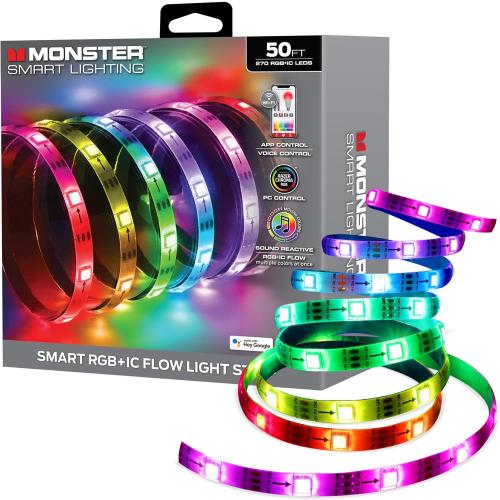Monster Smart RGB IC LED Strip Lights 50ft – Sound Reactive Strip Lights for Bedroom, App & Voice Control, RGB Light Strip for Room, Alexa Google Home, Razer Chroma Sync - 270 RGB IC LED Lights