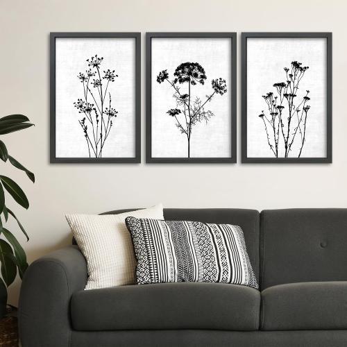 TQianJiang Flower Plant Wall Decor 16x11 Black And White Set of 3 | Botanical Painting, Wood Framed, Bedroom Office, Abstract Wildflower Sign Hanging Art
