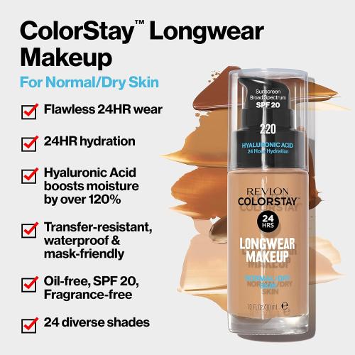 Revlon Liquid Foundation, ColorStay Face Makeup for Normal & Dry Skin, SPF 20, Longwear Medium-Full Coverage with Natural Finish, Oil Free, 130 Porcelain, 1 Fl Oz