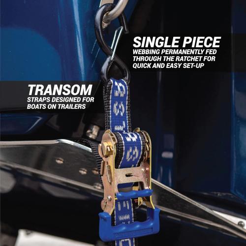 Rear TRANSOM Boat Trailer Straps Ratchet TIE Downs Strap, Made in NZ - 1.5 x 4’ Heavy Duty Rear Transom with PVC Hooks for Trailered Boats, Pontoons & Jetskis - 3,300lbs Break Strength - (Pair) Blue