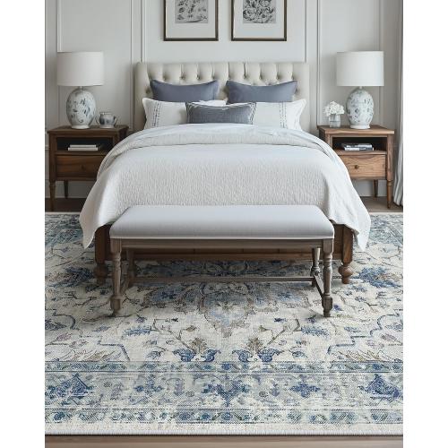 Area Rugs 8'x10' Washable Non-Slip, Floral Vintage Distress Print Pattern Medallion Carpet for Living Room Bedroom Dining Room, Light Blue Navy Beige Gray White