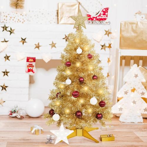 SUNSHINE DECOR Champagne Christmas Tree with Light 3ft Artifical Full Christmas Tree with Ball & Star Ornaments 8 Lighting Modes for Holiday Decor