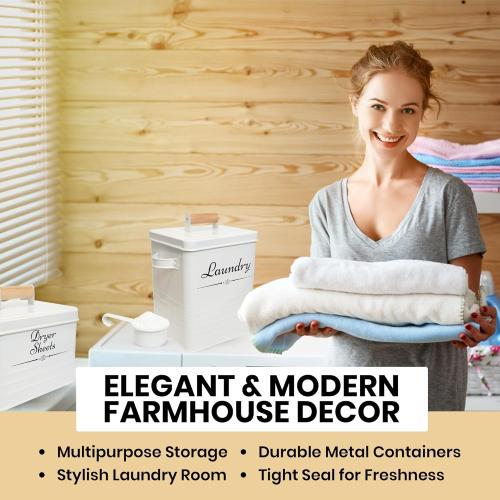 Farmhouse Metal Laundry Pods Container with Dryer Sheet Holder for Organization and Storage, Laundry Room Decor - Holds 156 Pods and 300 Sheets (White)