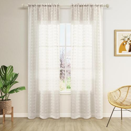 Guken Beige Sheer Curtains 84 Inch Length 2 Panels Sets for Living Room Bedroom 38 Inch Width Farmhouse Boho Drapes Light Filtering Pom Pom Curtains Tufted Semi Sheer Rod Pocket,Nature,W38xL84