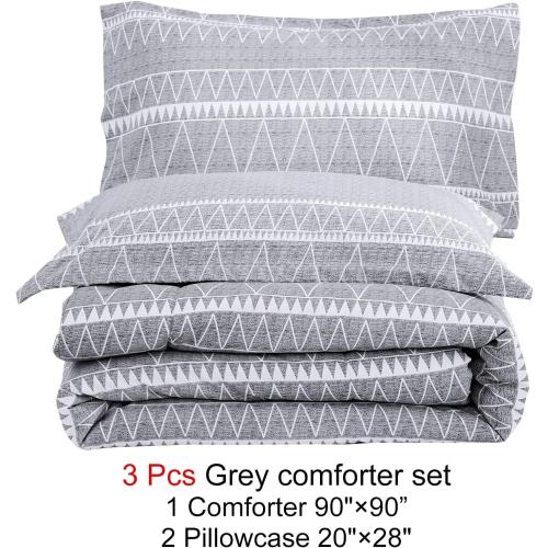 WONGS BEDDING Grey Comforter Set Queen Size, Soft Bohomian Comforter with 2 Pillowcases, Reversible Boho Striped Bedding Set Queen for All Season (90x 90)