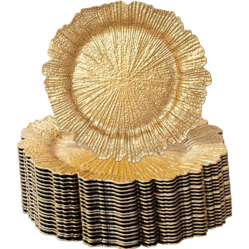 100 Pcs Charger Plates Bulk 13 Inch/Gold Charger Plate 13 in Round Matte Reef Plate Charger Ruffled Rim Dinner Charger Hollow out Flower Holde (100)
