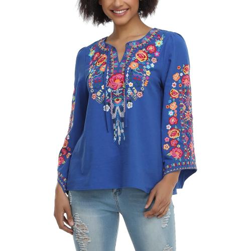 YZXDORWJ Women's Mexican Long Sleeve Blouse Embroidered Traditional V Neck Top Boho Tunic