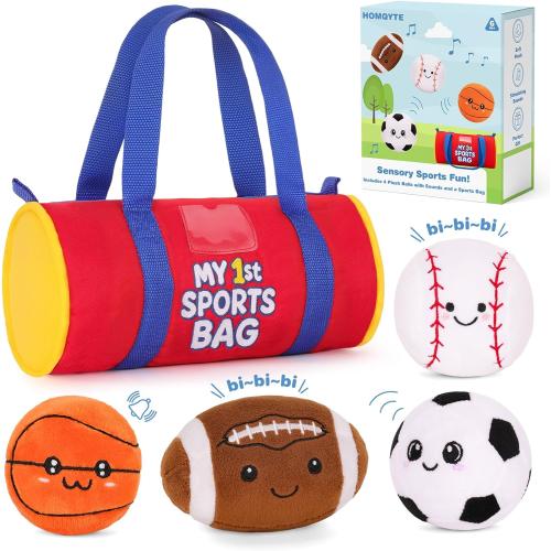 My 1st Sports Bag Plush Toy Playset with Soft Stuffed Balls, Basketball Baseball Football Soccer Ball Plush, Sensory Baby Toys for Toddlers Boys Girls (Sports Bag)