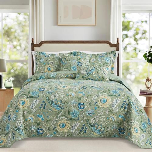 TWINRUN King Size Cotton Quilt Set | Vintage Sage Green/Dusty Blue Bedspread with Botanica (98x106 Inch   2 Pillowcases) | Lightweight Farmhouse Bedding for Coastal & Boho Bedrooms for All Seasons