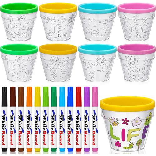 Meanplan 28 Pcs Spring Crafts for Kids 16 Spring DIY Flower Pots for Kids Paint Your Own Ornament Kit DIY Craft Pot 12 Colorful Markers, Decorate Your Own Flower Pot for School Home Activity