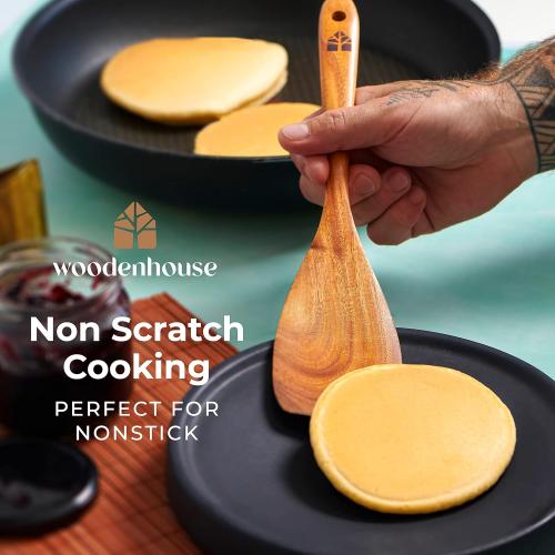 Teak Wooden Utensil Set with Spoon Rest & Hooks - Durable Wooden Spoons for Cooking with Comfort Grip - Effortless Clean, Non-Stick Friendly 8 Pcs