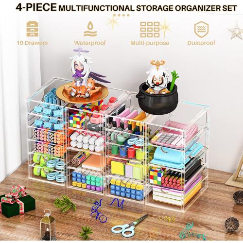 Acrylic Makeup Organizer with 19 Drawers, 4 Pack Clear Storage Drawers, Bathroom Makeup Organizer for Palettes, Cosmetic, and Beauty Supplies,Ideal for Vanity, Cabinet,Desk Organization