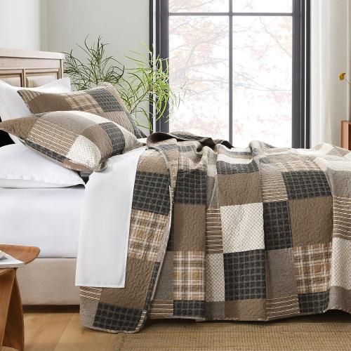 Plaid King Quilt Set - 100% Cotton Quilts, King Quilt Bedding Set, Farmhouse Patchwork Quilt, Lightweight Bedspread Coverlet for All Seasons, Brown, 3 Piece, 98x106