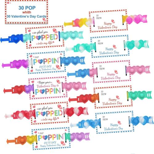 AYGXU 30pcs Valentines Day Gifts. Valentines Day Cards for Classroom & School. Heart POP Bracelets. Valentine's Classroom Exchange Cards & Kids Party Favors. Valentines Goody Bag Filler